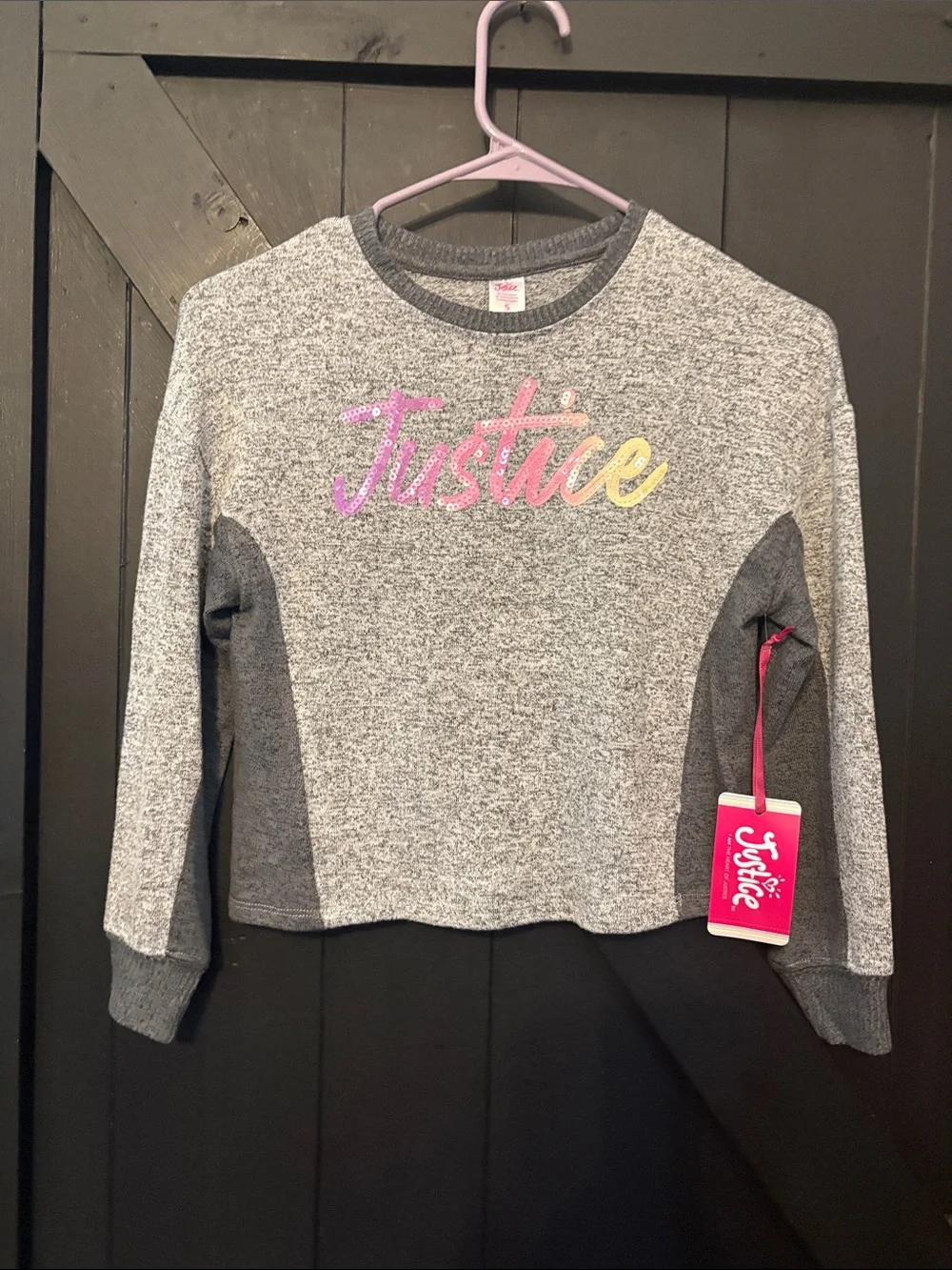 Justice Gray Pullover with Pink-to-Yellow Ombre Logo